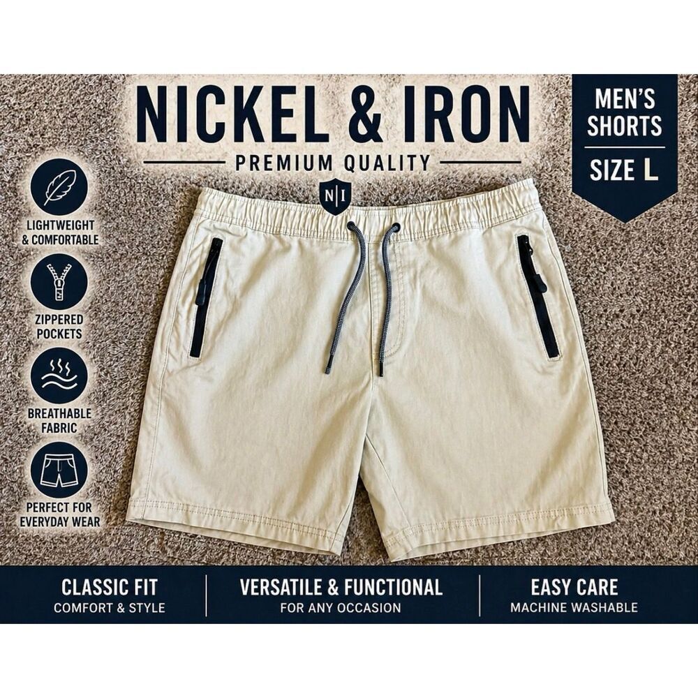 Nickel & Iron Men’s Shorts Size L Khaki Drawstring Zipper Pocket Casual